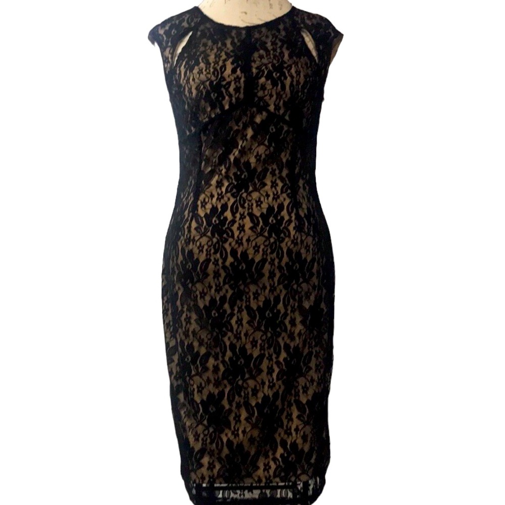 AA Studio👗Black Cap Sleeve Cut Out Lace Dress Size 10